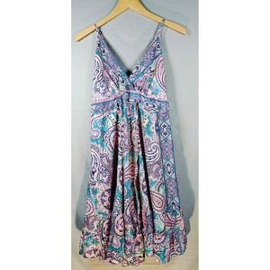 Zury V Neck Silk Blend Spaghetti Strap Flare Skirt  Paisley Print One Size Dress